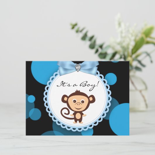 Invitation Baby shower Blue Monkey (Debout devant)