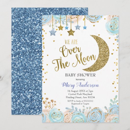 Invitation Baby shower Blue Moon et Star (Devant / Derrière)