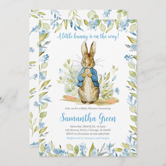 Invitation Baby shower Blue Peter Rabbit (Devant / Derrière)