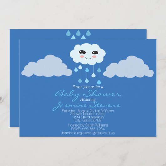 Invitation Baby shower Blue Rain Cloud (Devant / Derrière)
