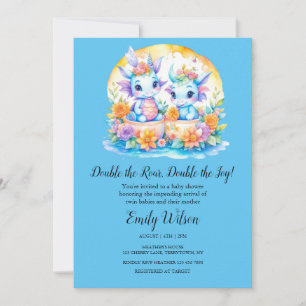 Invitation Baby shower Blue Rainbow Floral Twin Baby Dragons