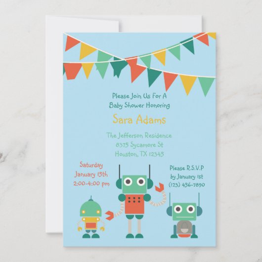 Invitation Baby shower Blue Robot 5x7 (Devant)