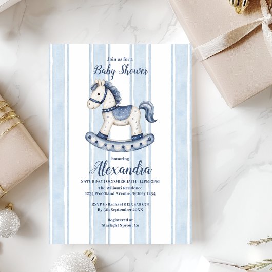 Invitation Baby shower Blue Rocking Horse