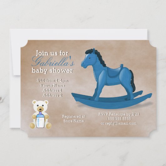 Invitation Baby shower Blue Rocking Horse (Devant)