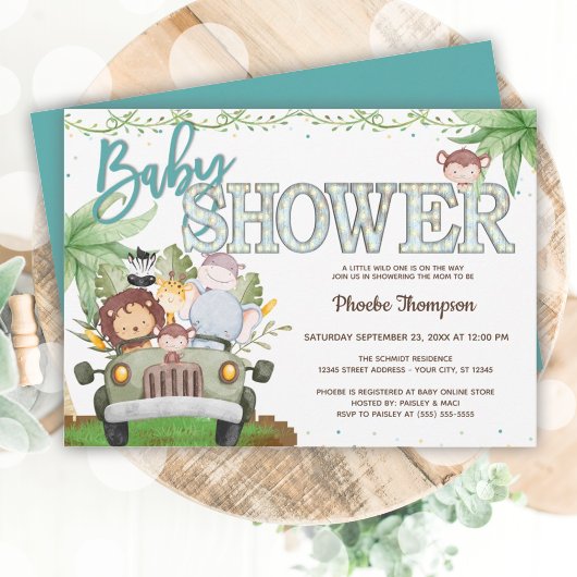 Invitation Baby shower Blue Safari Animaux