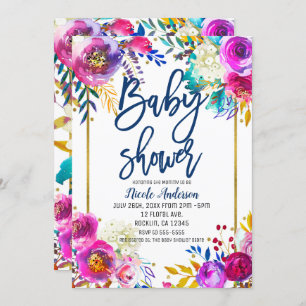 Invitation Baby shower Blue Script Bold Aquarelle Florale