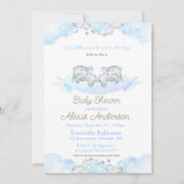 Invitation Baby shower Blue Sleeping Twins Baby Elephants (Devant)