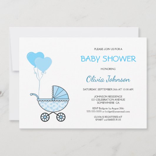 Invitation Baby shower Blue Stroller (Devant)
