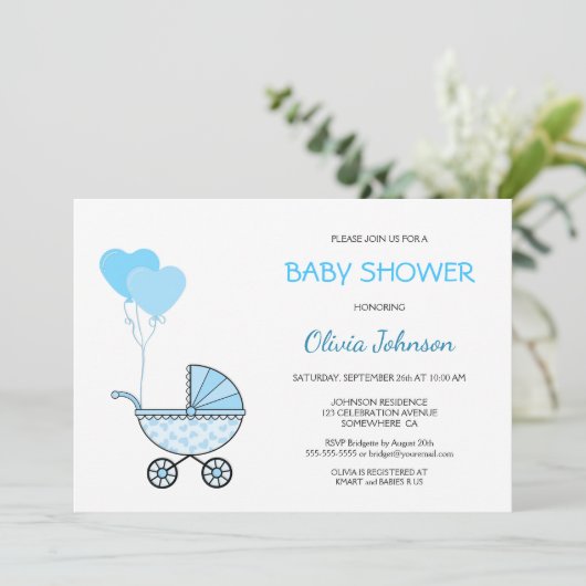 Invitation Baby shower Blue Stroller (Debout devant)