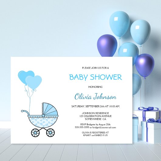 Invitation Baby shower Blue Stroller