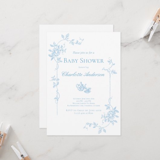 Invitation Baby shower Blue Tea Party (Devant/Arrière en situation)