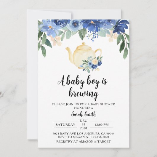 Invitation Baby shower Blue Tea Party (Devant)