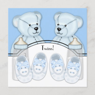 Invitation Baby shower Blue Teddy Bear Twin Boys