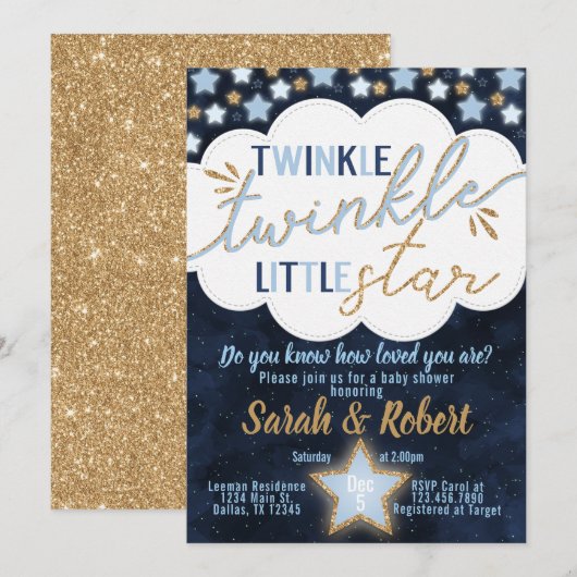 Invitation Baby shower Blue Twinkle Little Star (Devant / Derrière)