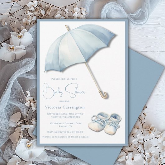 Invitation Baby shower Blue Umbrella Baby Chaussures