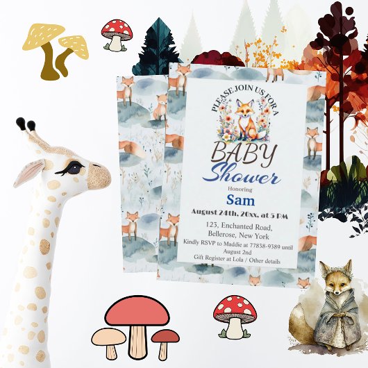 Invitation Baby shower Blue Watercolor Baby Fox