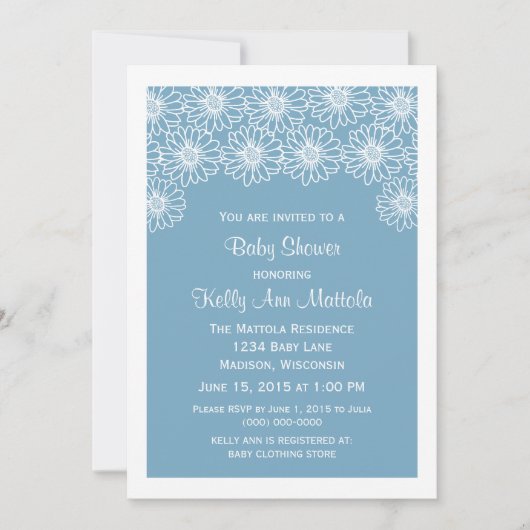 Invitation Baby shower Blue Whimsical Daisies (Devant)