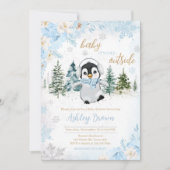 Invitation Baby shower Blue Winter Penguin (Devant)