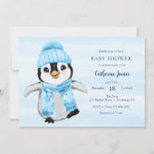Invitation Baby shower Blue Winter Penguin (Devant)