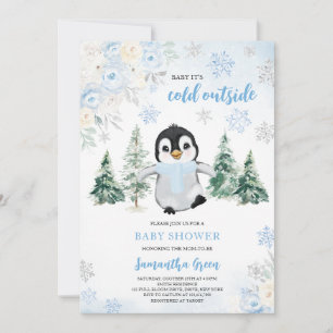 Invitation Baby shower Blue Winter Penguin