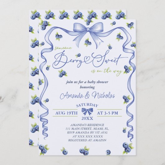 Invitation Baby shower Blueberry Bow (Devant / Derrière)