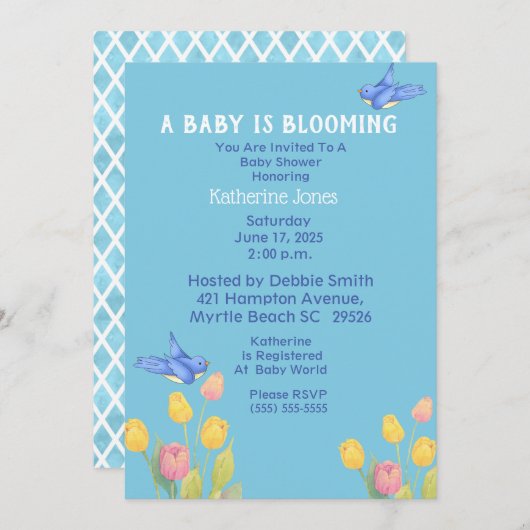 Invitation Baby shower Bluebirds /Un bébé est en fleurs (Devant / Derrière)
