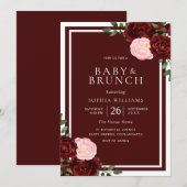 Invitation Baby shower Blush & Burgundy Red Roses Brunch (Devant / Derrière)