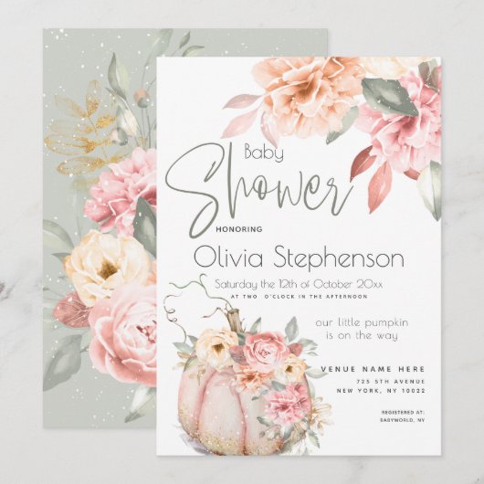 Invitation Baby shower Blush Coral Citrouille Peony Floral (Devant / Derrière)