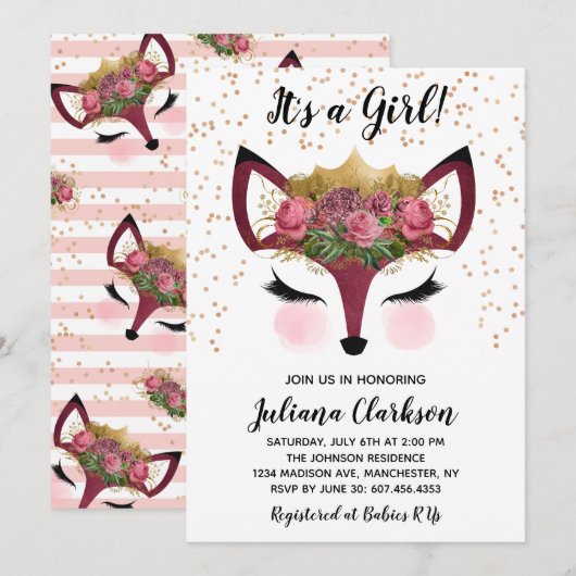 Invitation Baby shower Blush & Gold Fox Princess (Devant / Derrière)