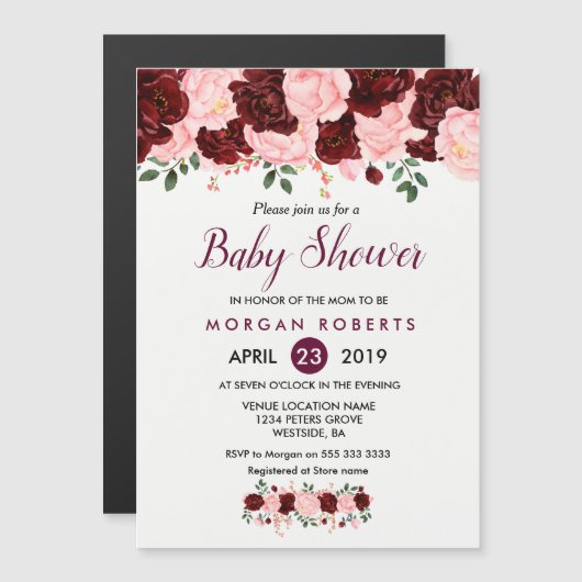 Invitation baby shower : Blush Pink Burgundy Flora (Devant / Derrière)