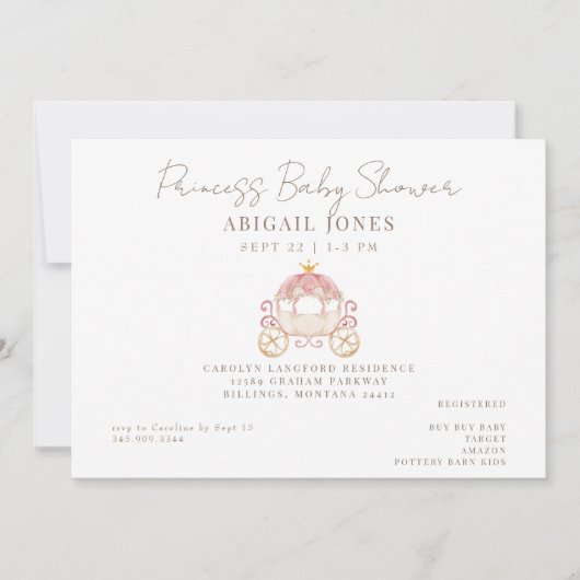 Invitation Baby shower Blush Princess Carriage (Devant)