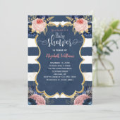 Invitation Baby shower Blush Rose Marine bleu Floral (Debout devant)