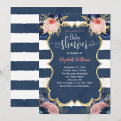 Invitation Baby shower Blush Rose Marine bleu Floral (Devant / Derrière)