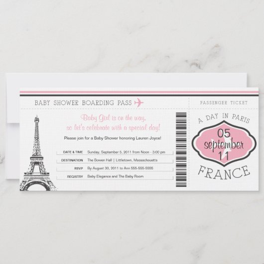 Invitation Baby shower Boarding Pass à Paris (Devant)