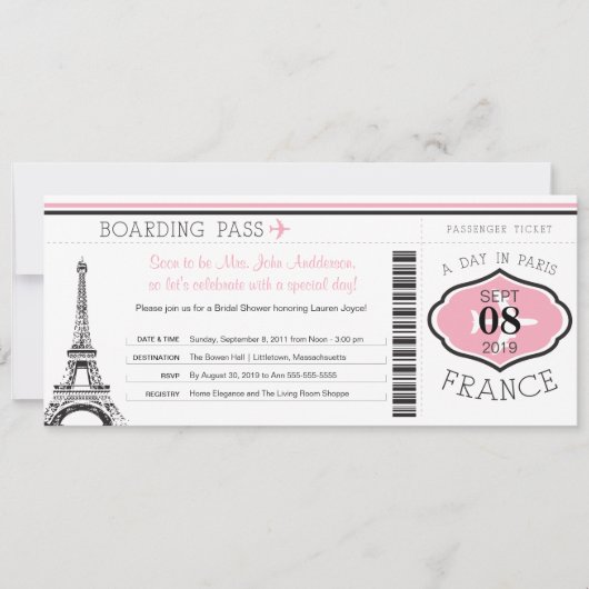 Invitation Baby shower Boarding Pass à Paris (Devant)