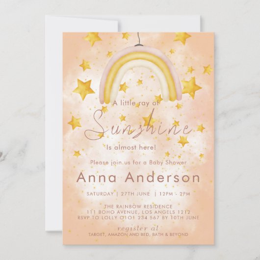 Invitation Baby Shower Bohème Arc-en-Ciel Soleil Doré Étoiles (Devant)