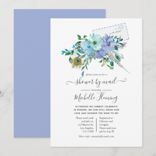 Invitation Baby Shower Bohème Bleu et Menthe par courrier (Devant / Derrière)