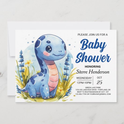 Invitation Baby shower Bohême Blue Custom Dinosaur Boy (Devant)