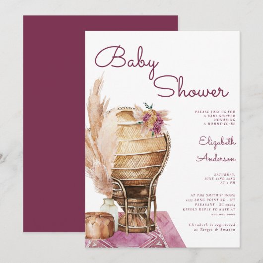 Invitation Baby shower Bohême Bourgogne Pampas Boho (Devant / Derrière)