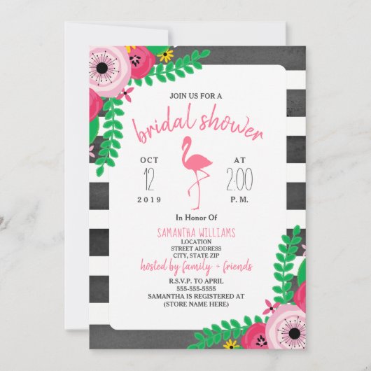 Invitation Baby Shower Bohème Flamingo - Rose + Noir (Devant)