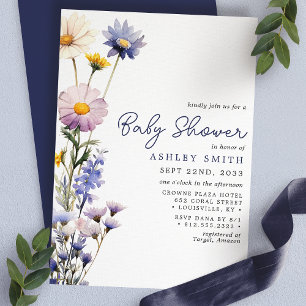 Invitation Baby Shower Bohème Fleur Sauvage Bleue Aquarelle