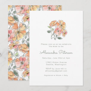 Invitation Baby-Shower Bohème Fleurie Aquarelle Pastel Pêche