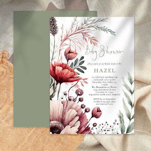 Invitation Baby Shower Bohème Fleurs Aquarelles Bordeaux Sage