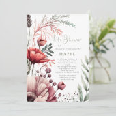 Invitation Baby Shower Bohème Fleurs Aquarelles Bordeaux Sage (Debout devant)