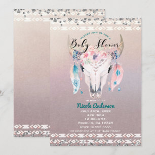 Invitation Baby Shower Bohème Glamour Rustique Fleur Crâne de