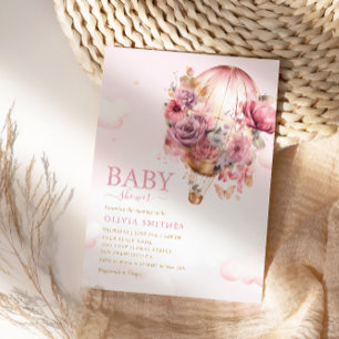 Invitation Baby Shower Bohème Mignon Fille Ballon Floral Rose