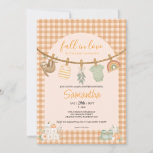 Invitation Baby-Shower Bohème Orange Vichy Corde à Linge