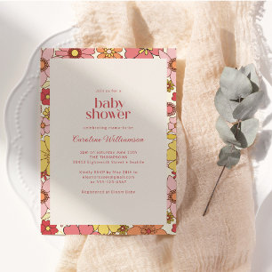 Invitation Baby Shower Bohème Rétro Rose Orange Floral