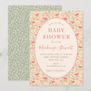Invitation Baby Shower Bohème Rose Oiseaux Mignons Fantaisist