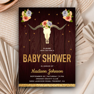 Invitation Baby Shower Bohème Tribal Fleur Crâne de Vache